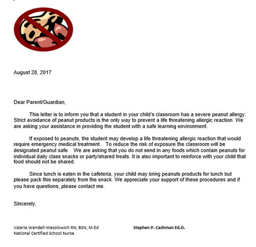 Peanut Free Letter 
